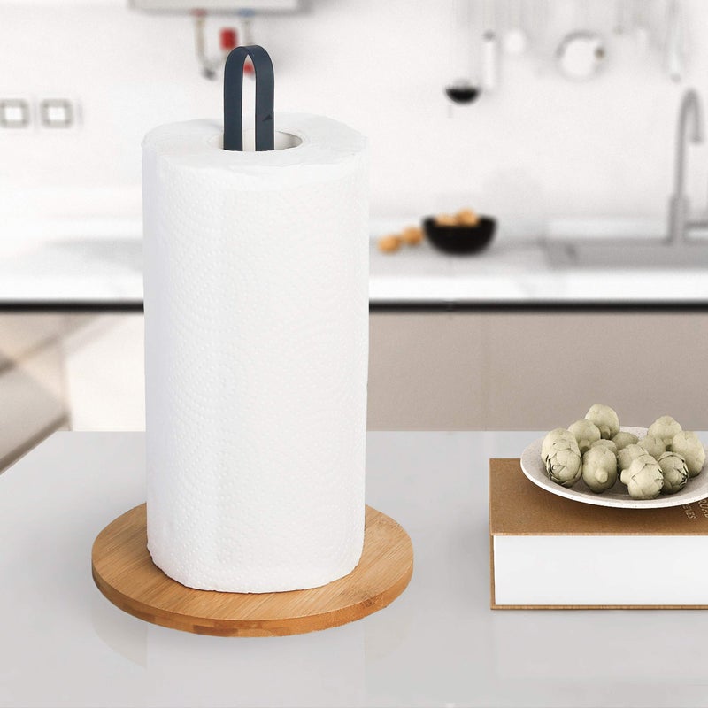TIEYIPIN Paper Towel Holder, Countertop Roll Stand with Anti-Skid Wooden Bamboo Base for Kitchen, Cabinet, Table - Image 3